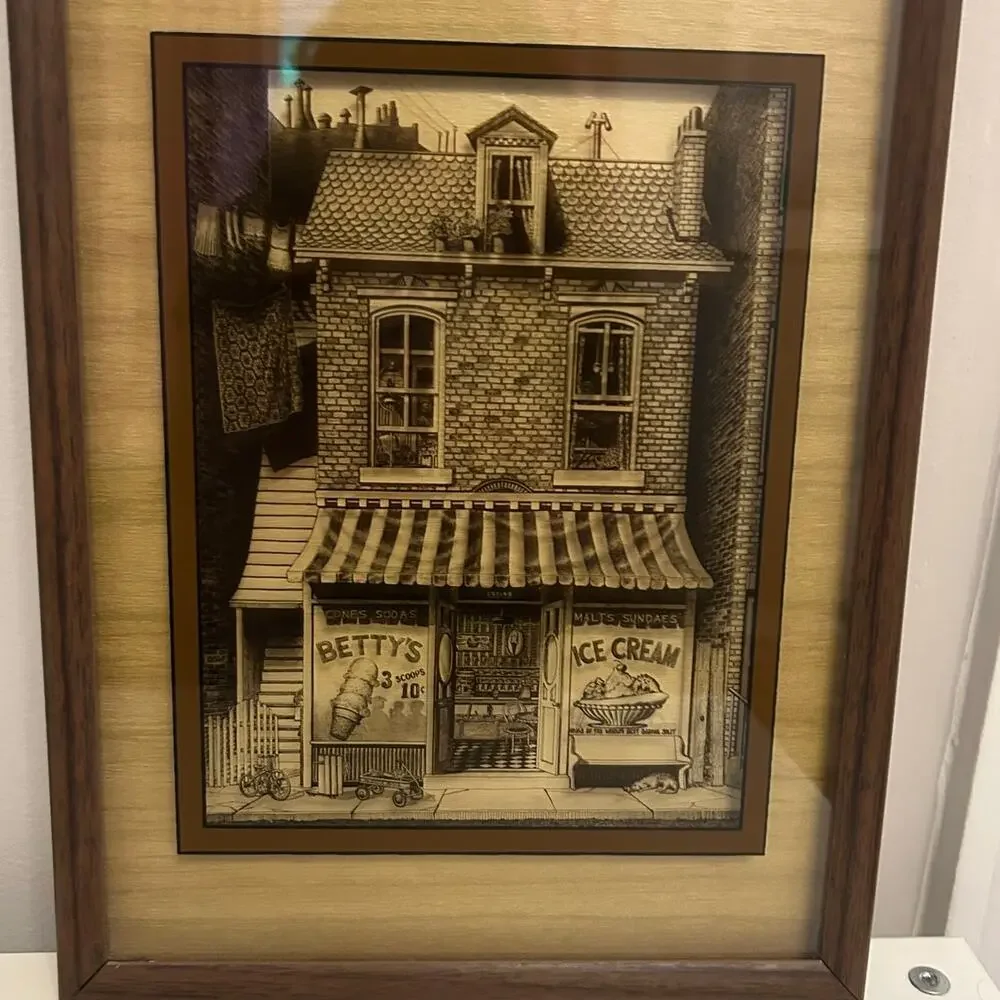 Vintage 1970's retro quaint old fashion ice cream shop print